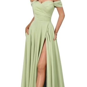 Elegant Off-Shoulder Satin Sage Green Dress
